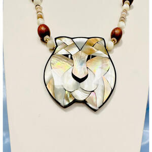 Vintage 1980's Lee Sands Inlaid Mother of Pearl Lion Wood Shell Beaded Necklace